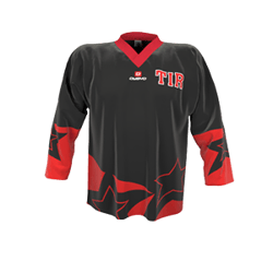 Un maillot de sport noir à manches longues avec des manches rouges et des étoiles rouges, avec les lettres rouges 'TIR' et un petit logo sur la poitrine.